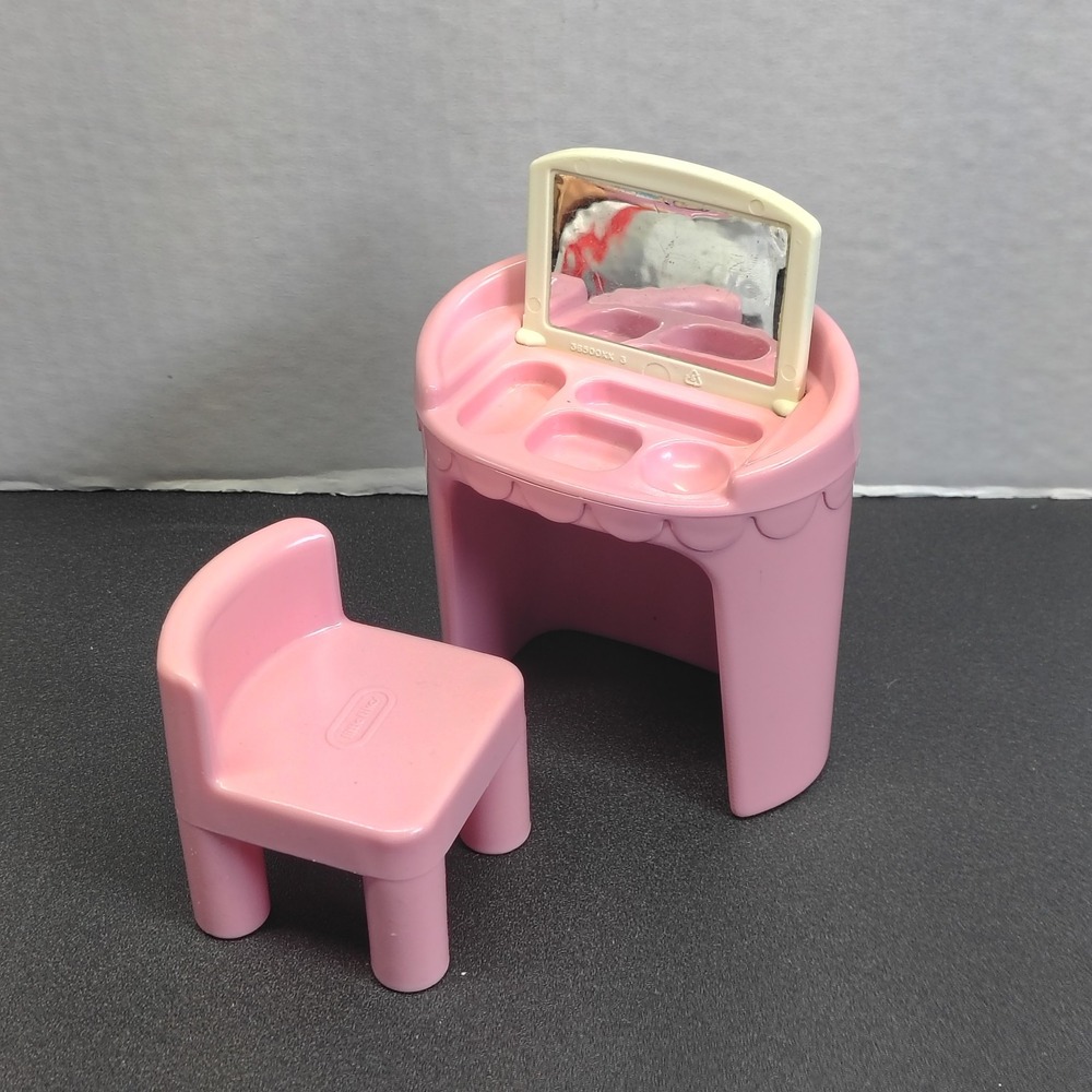LITTLE TIKES DOLLHOUSE FURNITURE PINK VANITY AND CHUNKY CHAIR VINTAGE DOLL SIZE